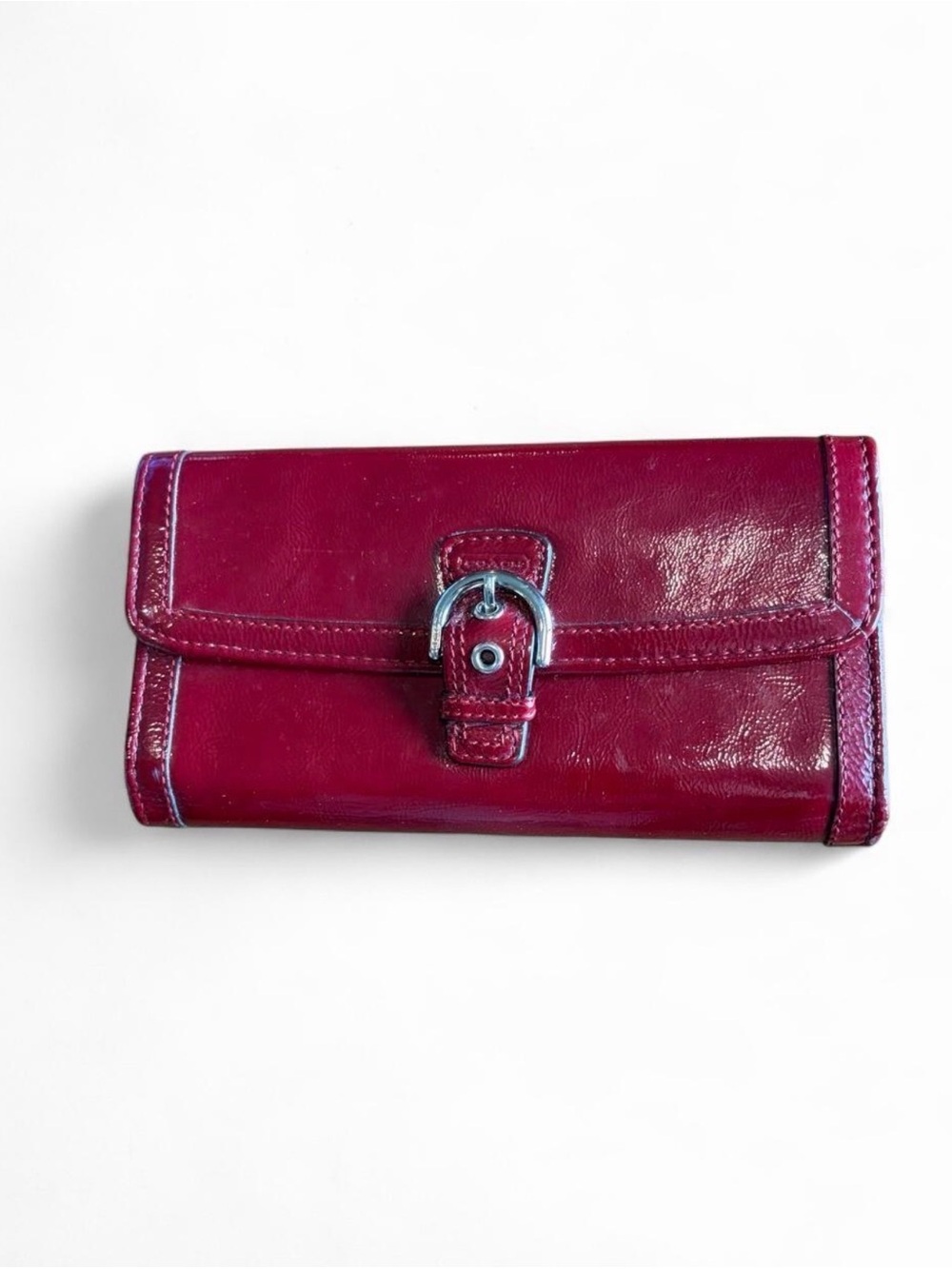 Vintage Coach Deep Cherry Red Patent Leather Buckle Long Wallet